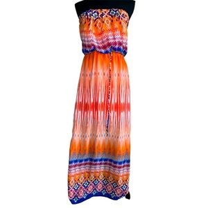 Vibrant Lightweight Strapless Bold Boho Print Maxi Dress Size Small